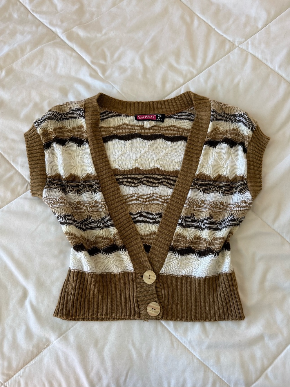 Say What? Brown, Cream & Black Short-Sleeve Knit Cardigan